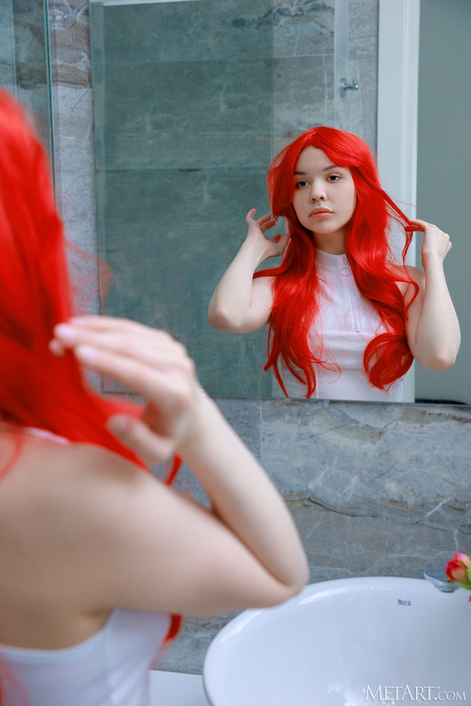 Stunning Brunette Lana Rose Looking Sensational In Scarlet Stockings And A Vibrant Wig