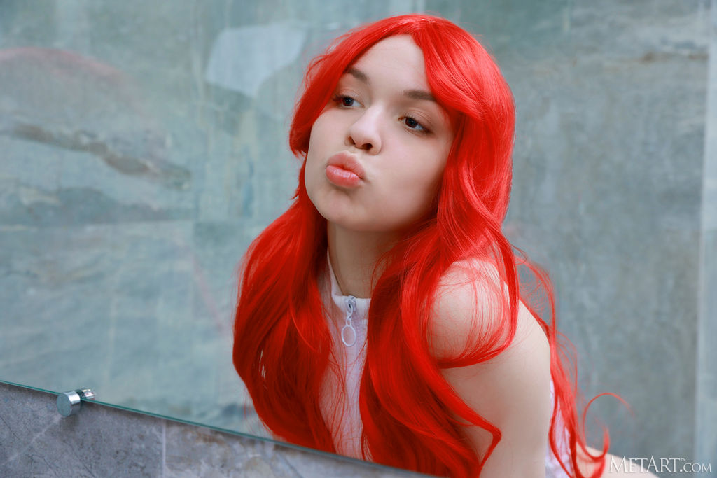 Stunning Brunette Lana Rose Looking Sensational In Scarlet Stockings And A Vibrant Wig