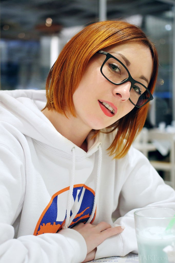 Night A - Glasses look good on this redhead as she strips outdoors
