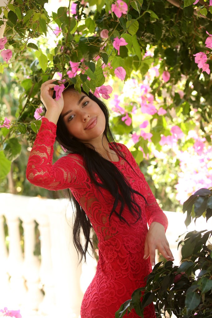 Venice Lei - Tight red laced dress on a tight raven teen at the porch