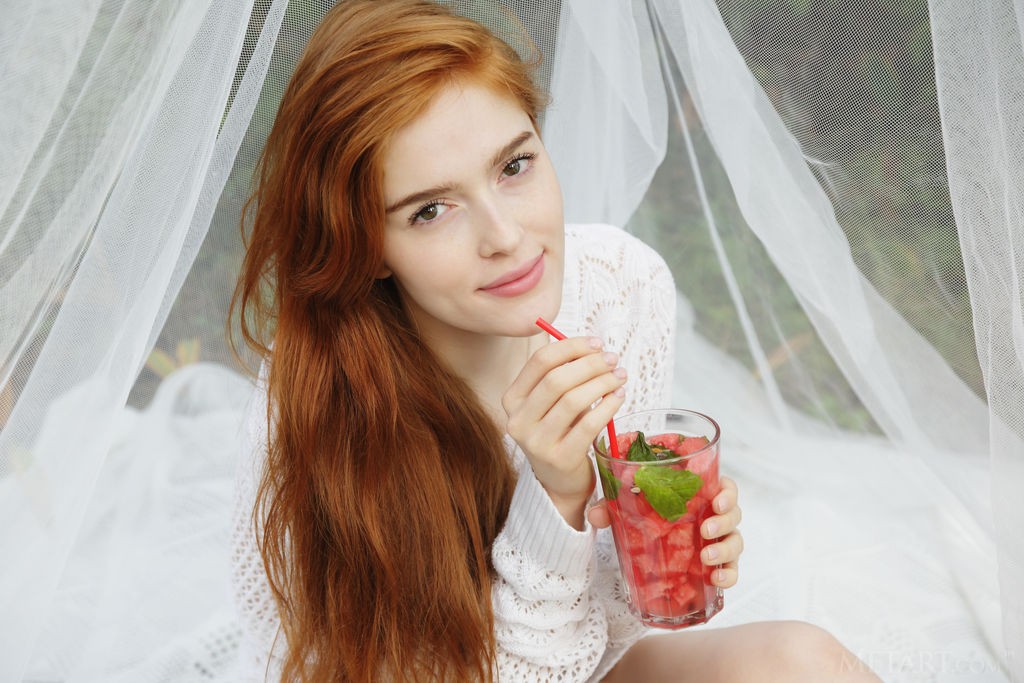 Jia Lissa - Pale, natural redhead eating watermelon in bed naked