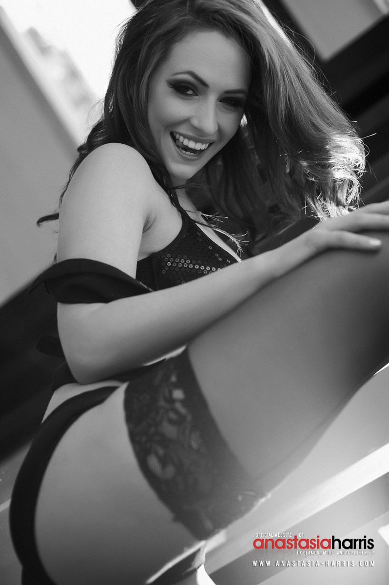 Anastasia Harris wearing her black lingerie and stockings