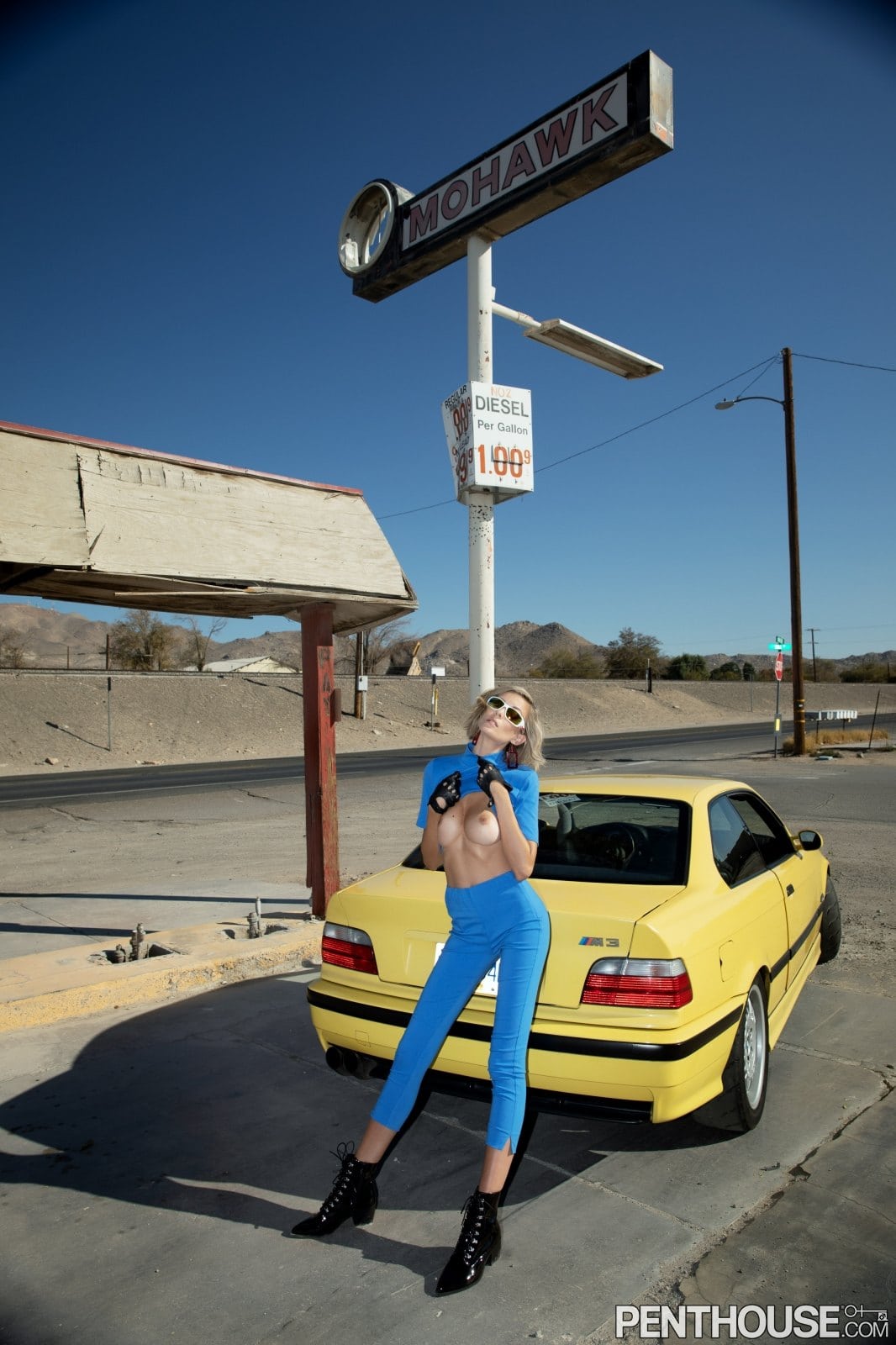 Sexy blonde Anna Lisa Wagner strips naked next to her yellow BMW